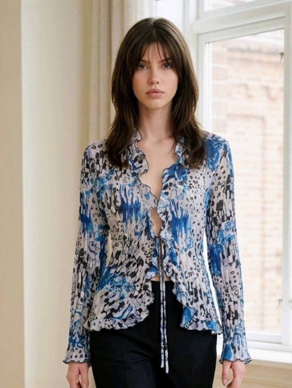 Vintage Y2K Crinkle Ruffle Top XL Tie Close Victorian Edwardian Poet